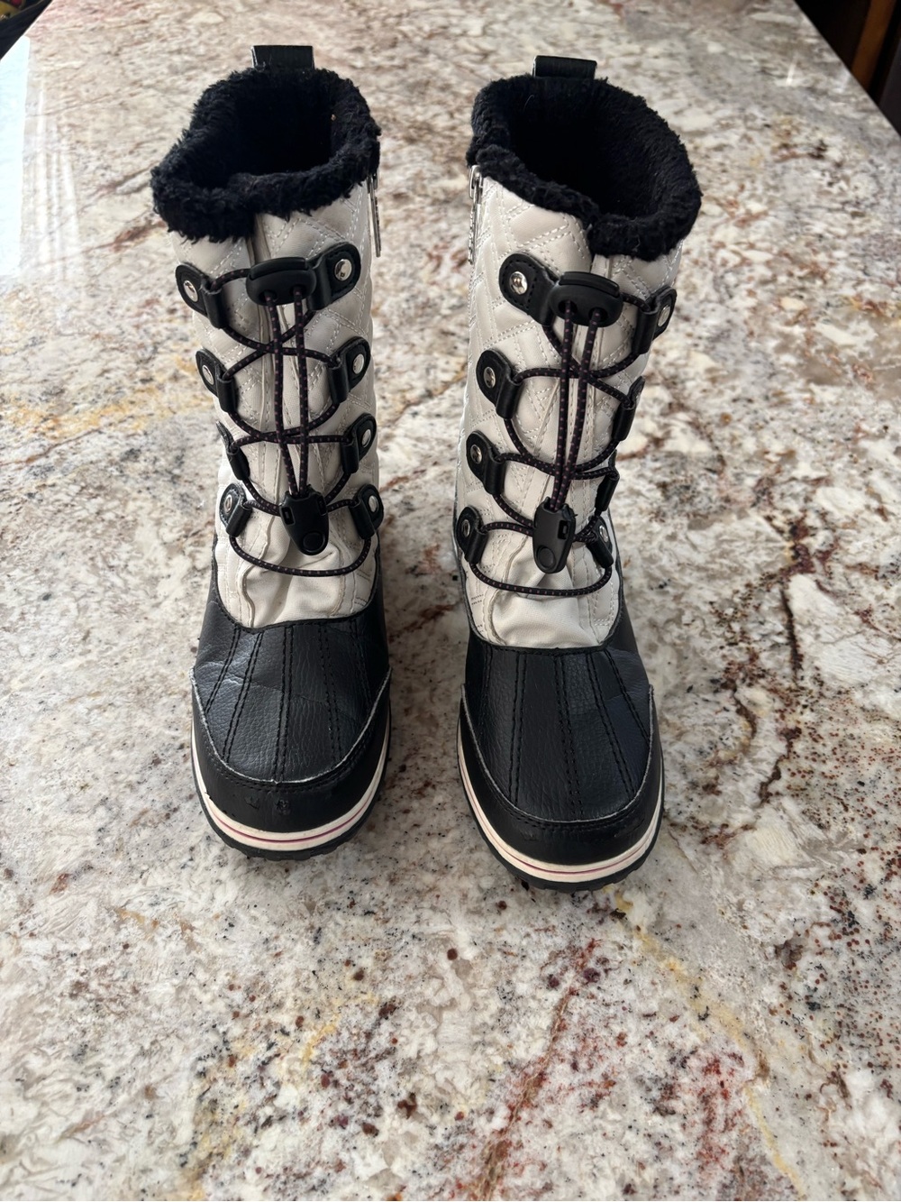 Totes (Makenzie) Black and White Kids Snow Boots with Faux Fur Cuff